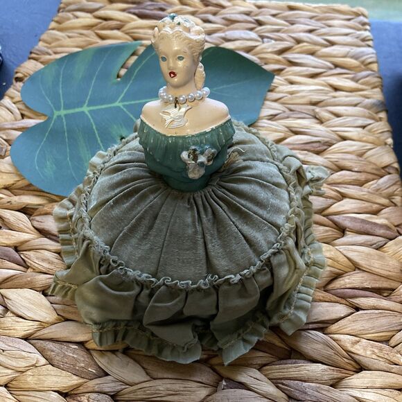 Vintage Chalkware Lady Half Doll Pin Cushion Depression Era Sage Satin Skirt - Picture 7 of 13